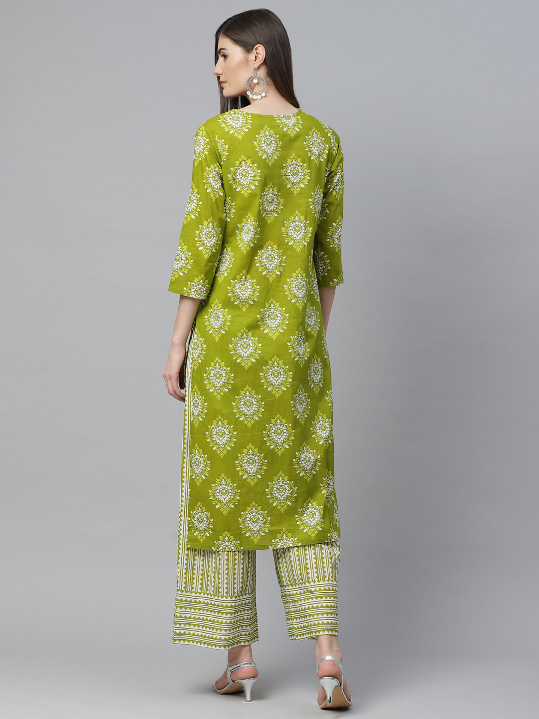 Cotton Floral Printed Straight Kurta with Palazzo (Green)