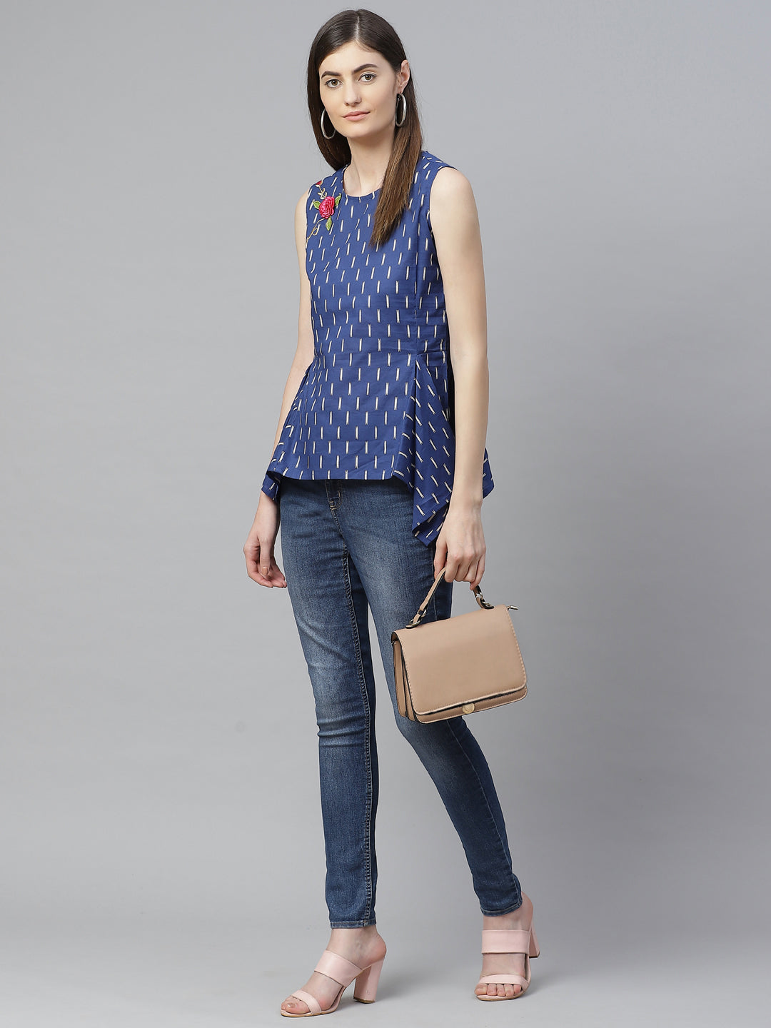 Cotton Ikat Printed Embroidered Regular Top (Blue)