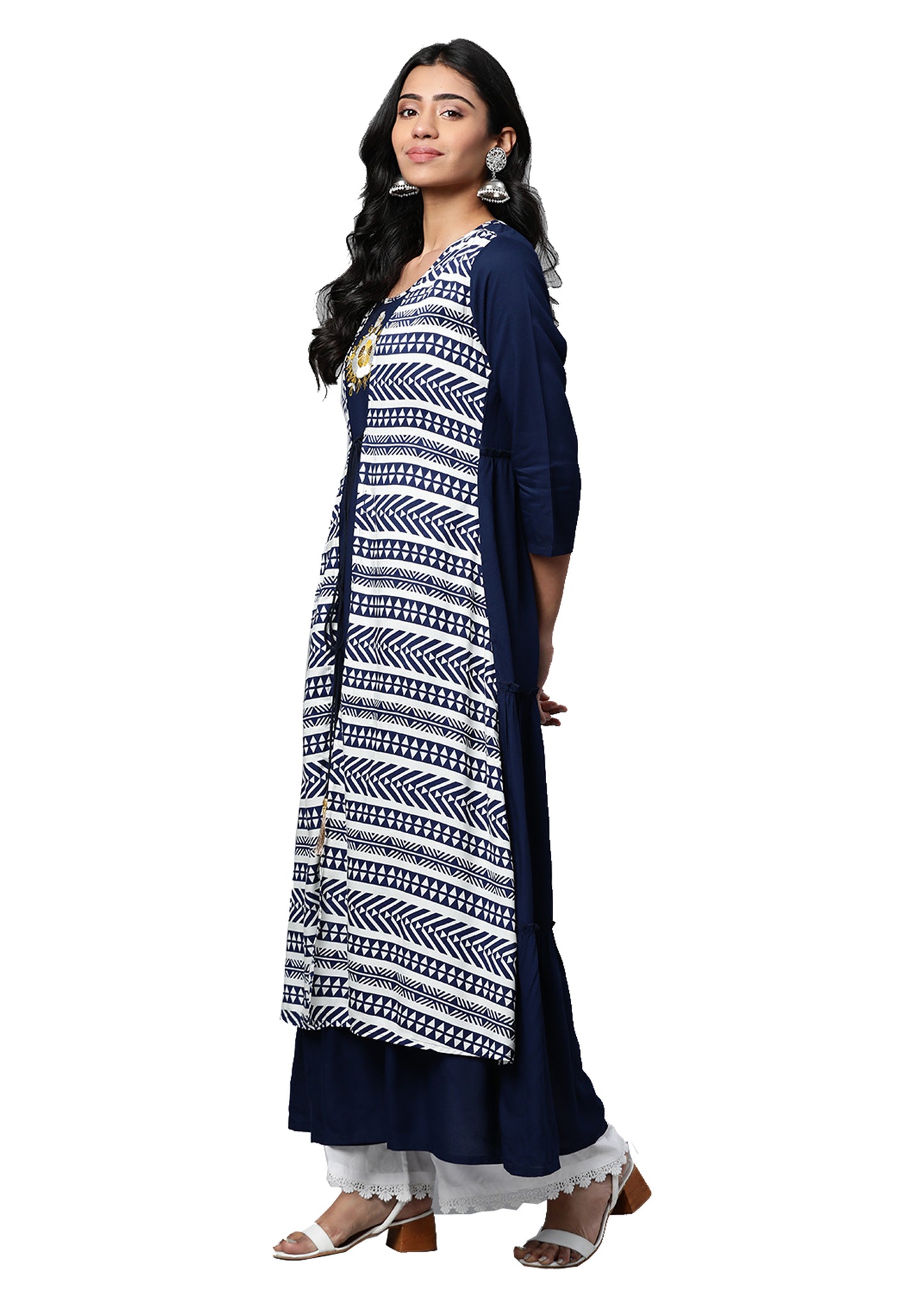 Rayon Embroidered Tiered Jacket Style Geomatrical Printed Kurta