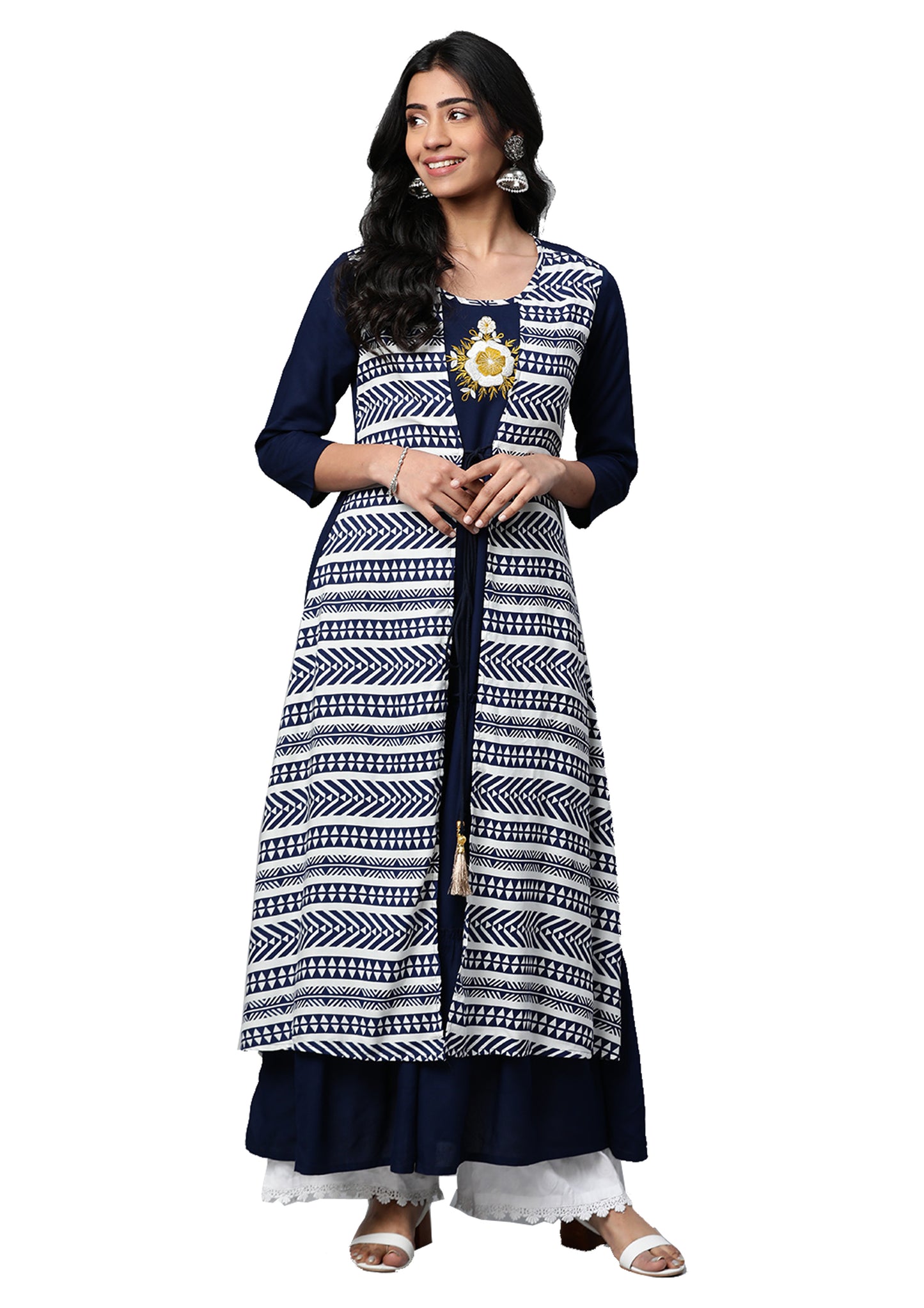 Rayon Embroidered Tiered Jacket Style Geomatrical Printed Kurta