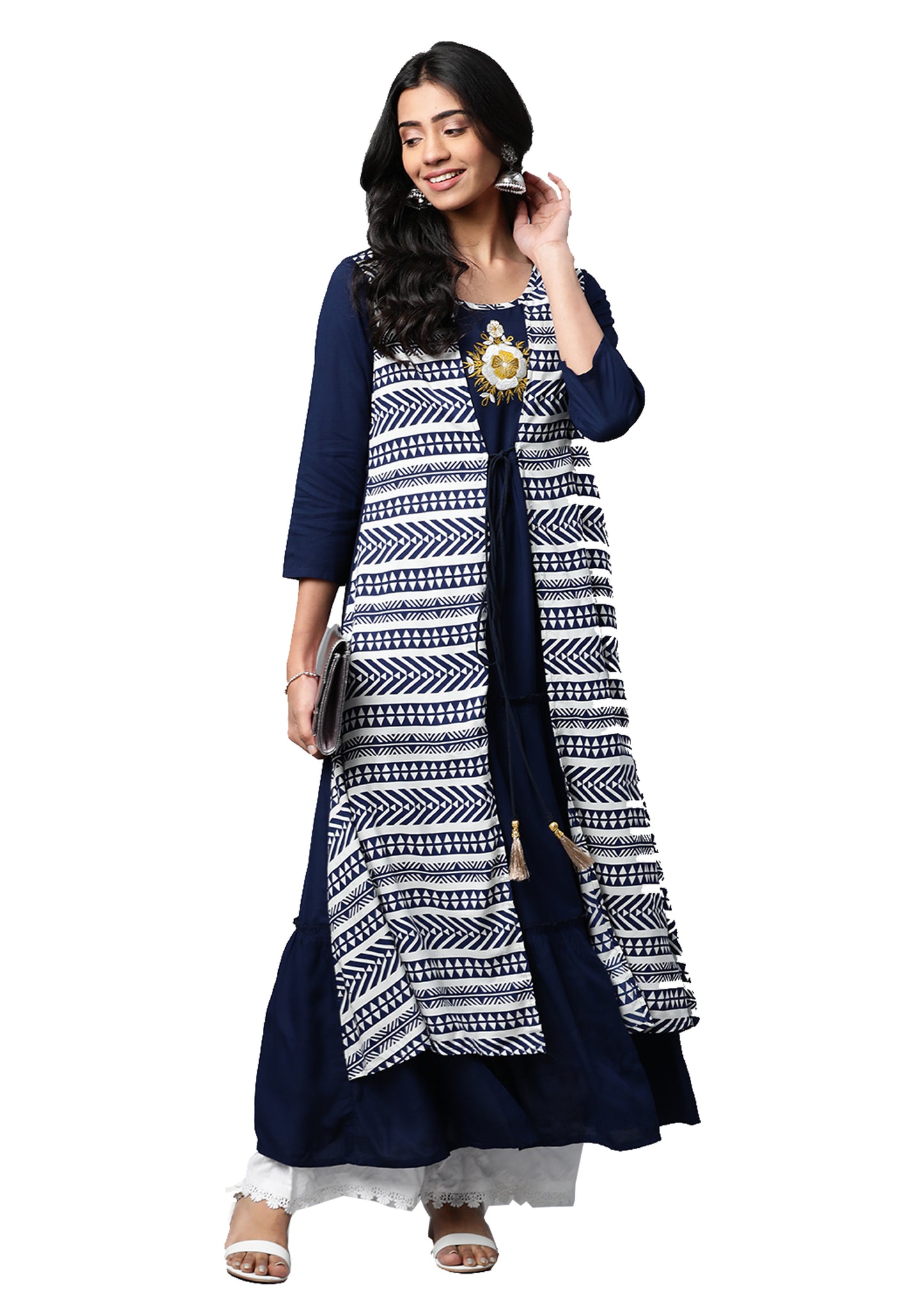 Rayon Embroidered Tiered Jacket Style Geomatrical Printed Kurta