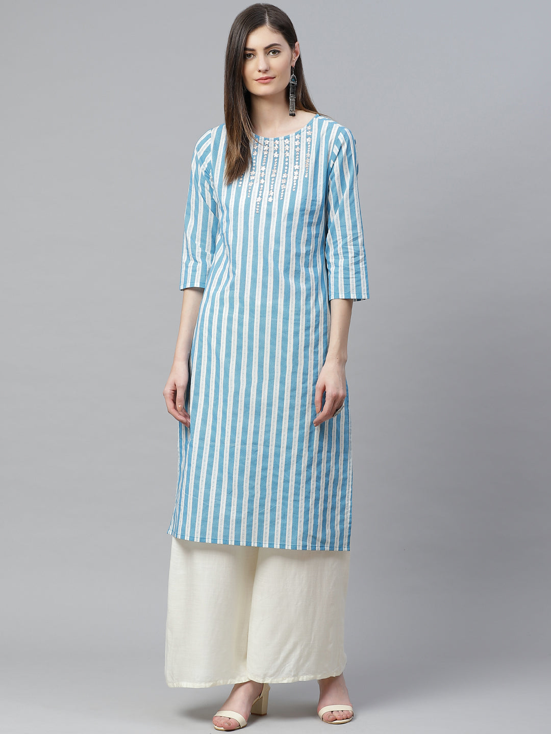 Cotton Stripe Printed Embroidered Straight Kurta