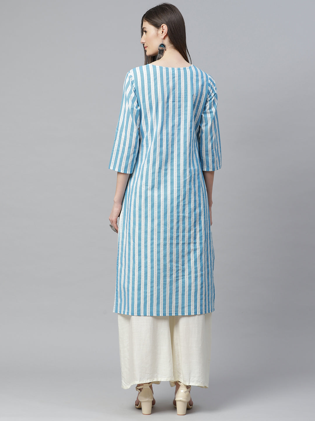 Cotton Stripe Printed Embroidered Straight Kurta