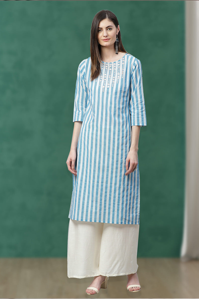 Cotton Stripe Printed Embroidered Straight Kurta