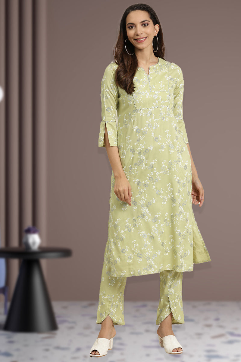 Rayon Silver Floral Printed Straight Kurta with Pant (Green)