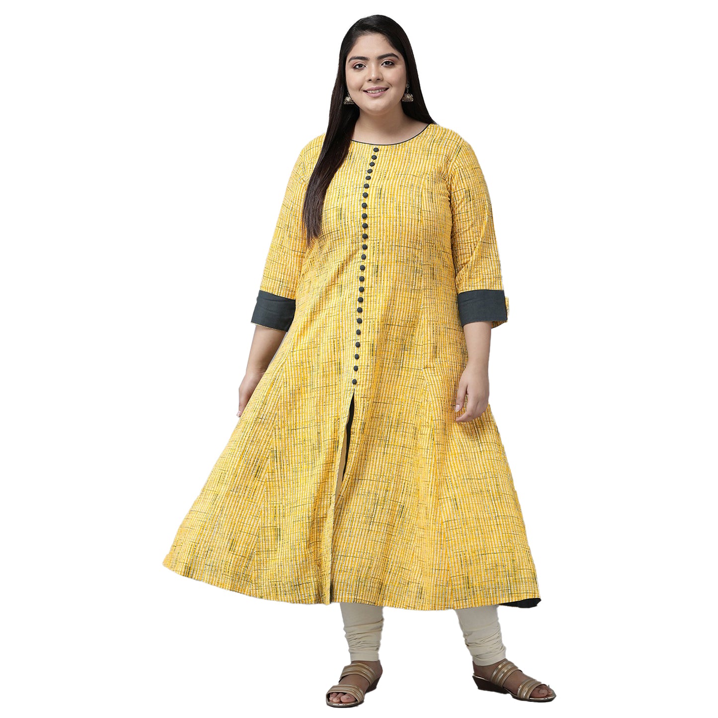 Plus Size Yellow Cotton Stripe Printed Anarkali Kurta for women