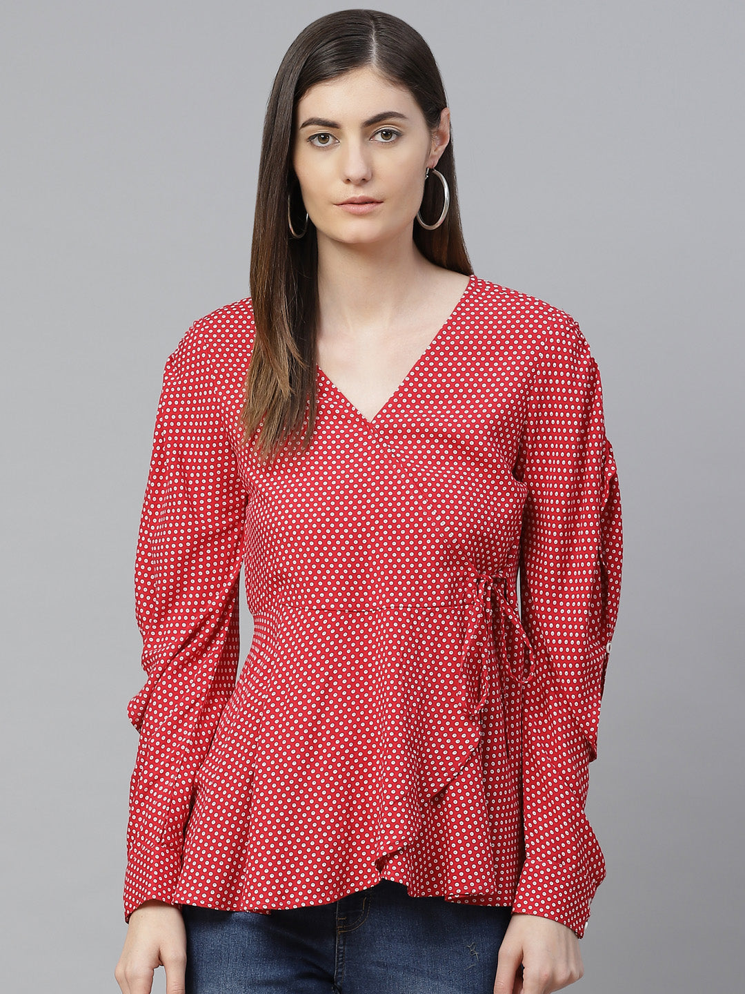 Rayon Polka Dot Printed Regular Top (Red)