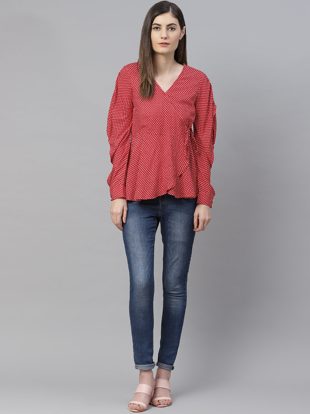 Rayon Polka Dot Printed Regular Top (Red)