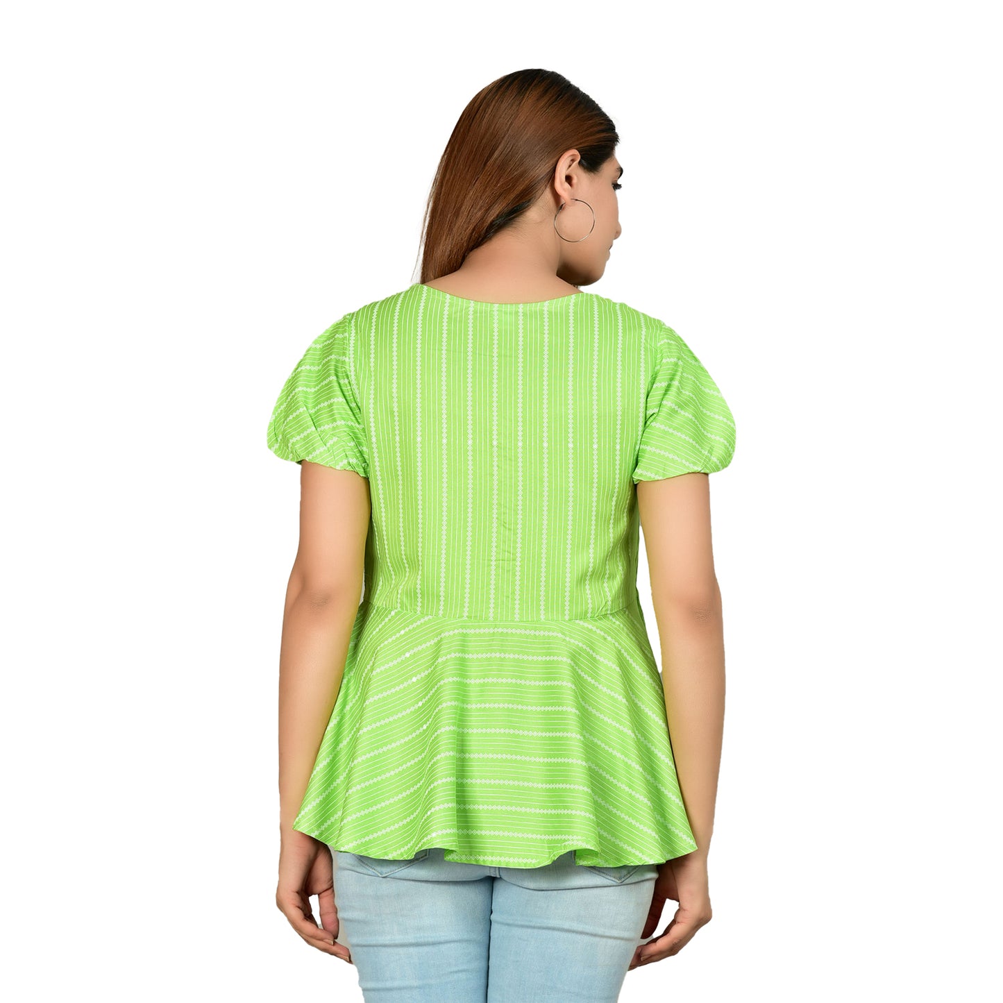Yash Gallery Women's Rayon Stripe Print Straight Top (Green)