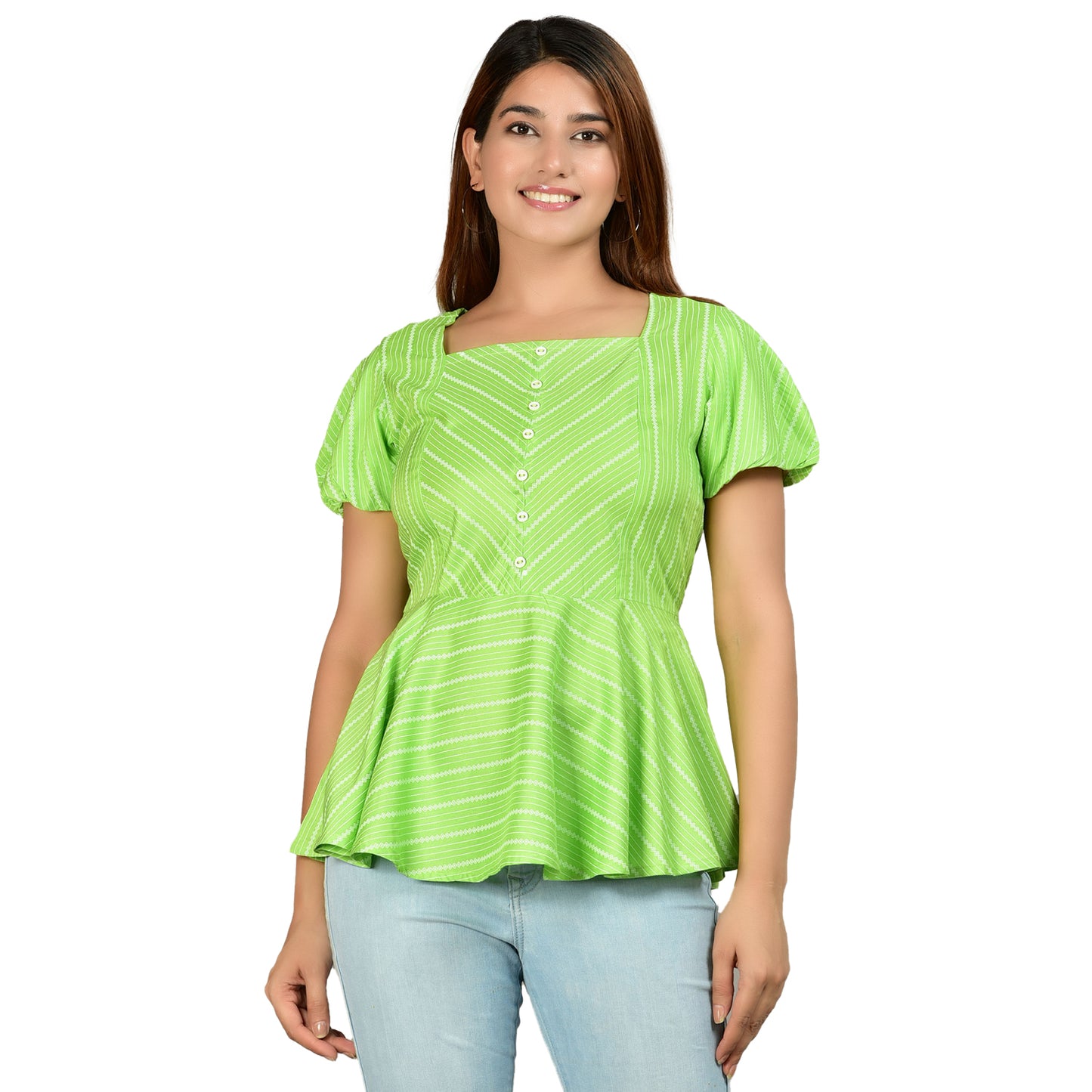 Yash Gallery Women's Rayon Stripe Print Straight Top (Green)