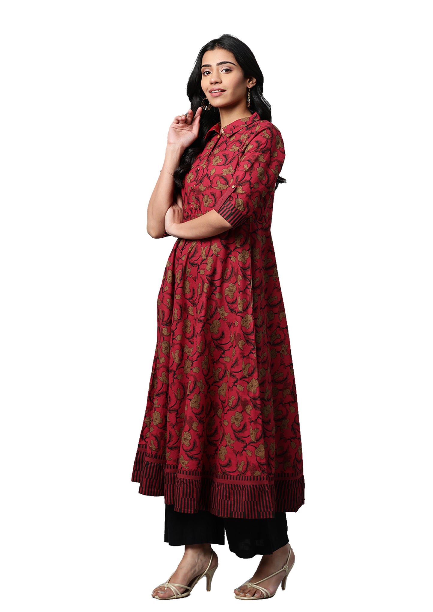 Cotton Floral Printed Anarkali Kurta (MAROON)