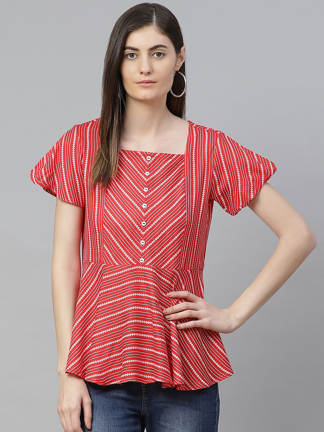 Rayon Stripe Printed Regular Top (Red)