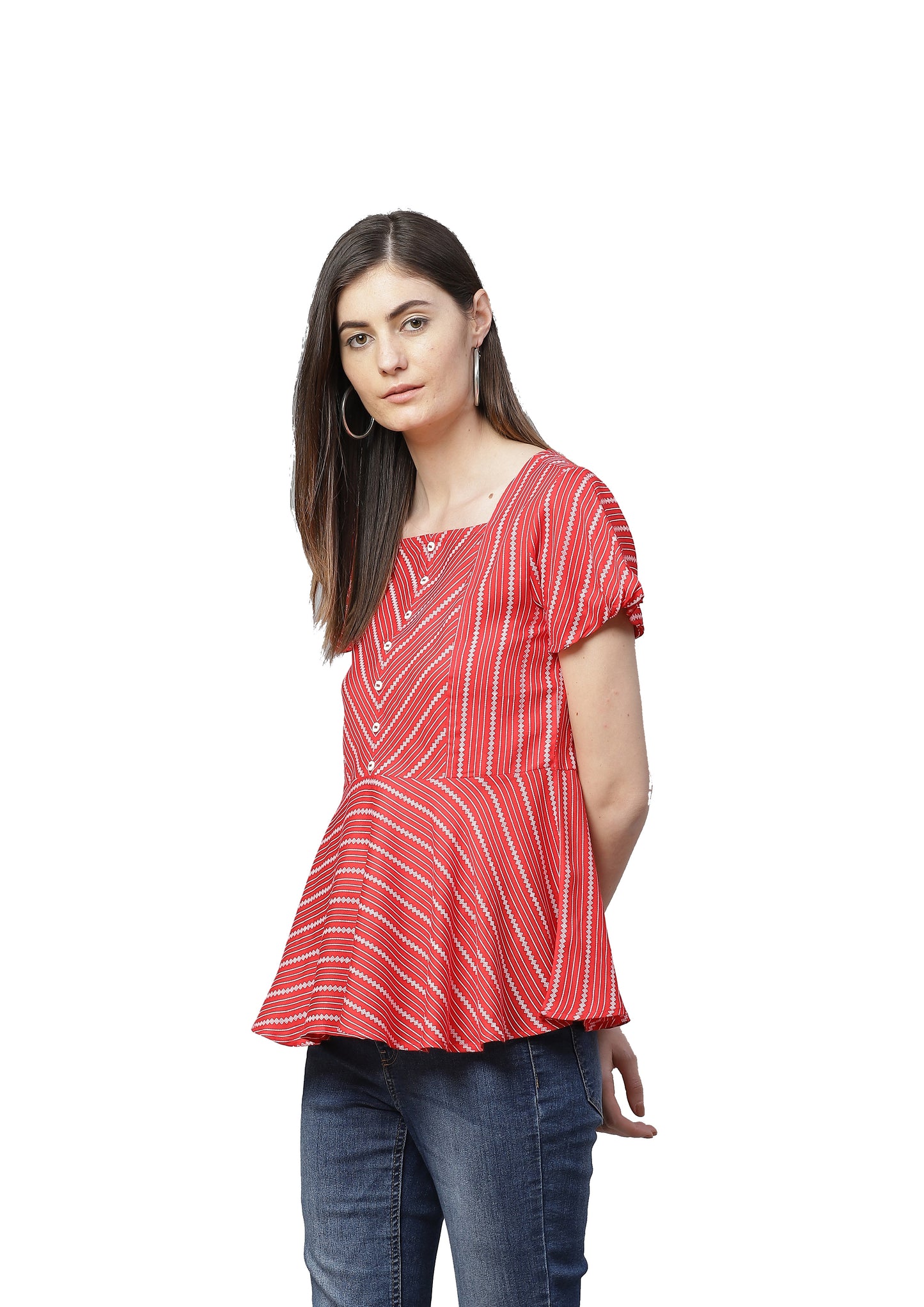 Rayon Stripe Printed Regular Top (Red)