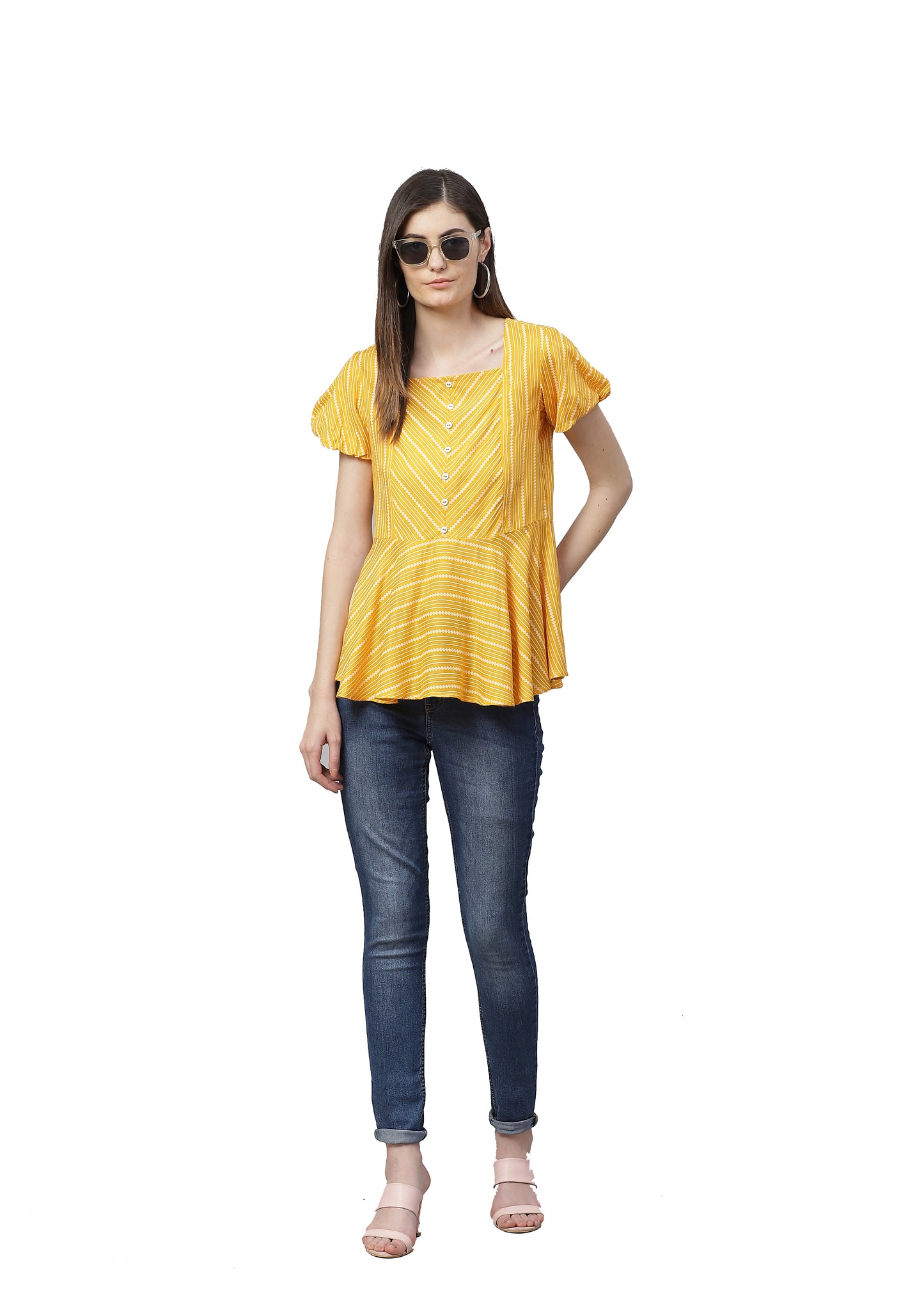 Rayon Stripe Printed Regular Top (Mustard)