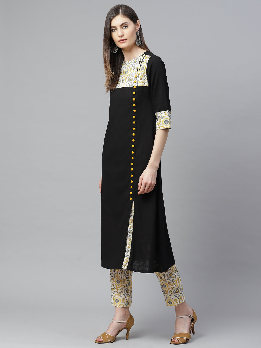 Cotton A-line Kurta with Ikat Printed Pant (Black)