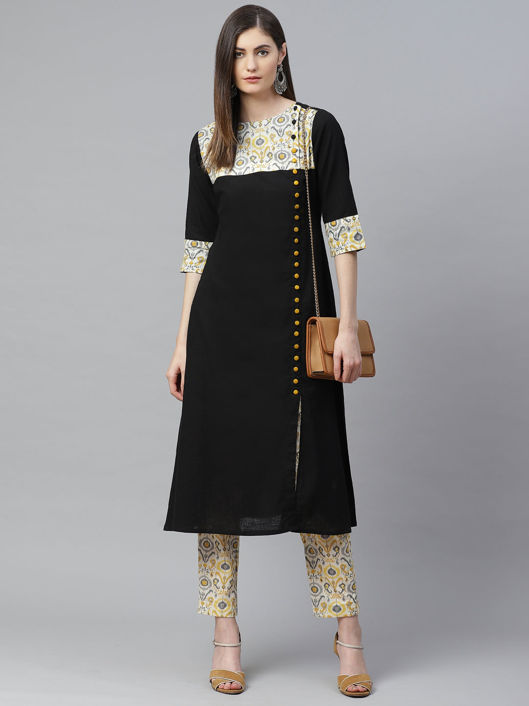 Cotton A-line Kurta with Ikat Printed Pant (Black)