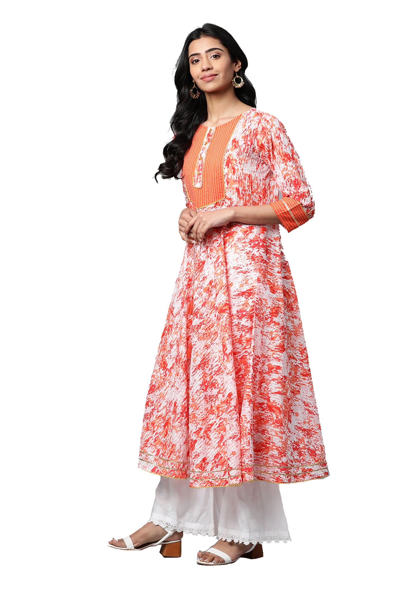 Cotton Tie & Dye Printed Anarkali Kurta (Orange)