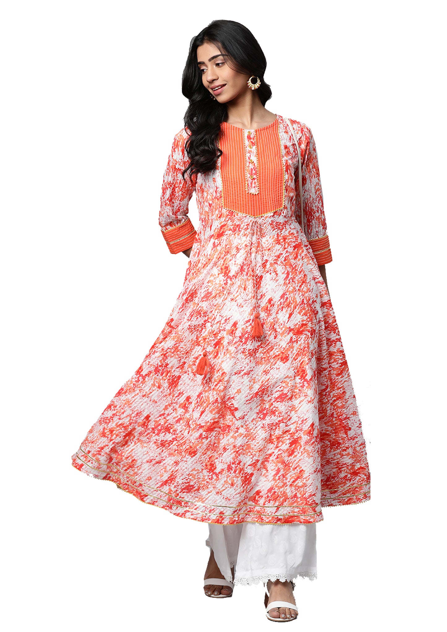 Cotton Tie & Dye Printed Anarkali Kurta (Orange)