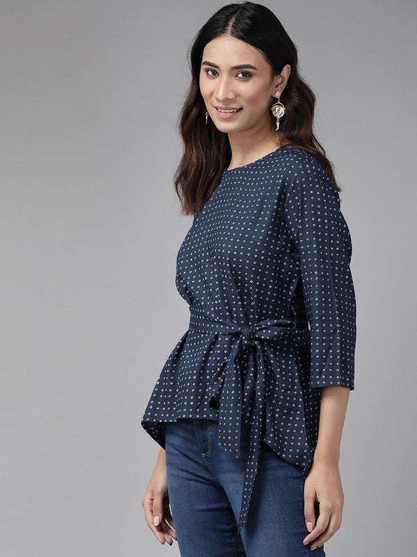Rayon Polka Dot Printed Regular Top(BLUE)
