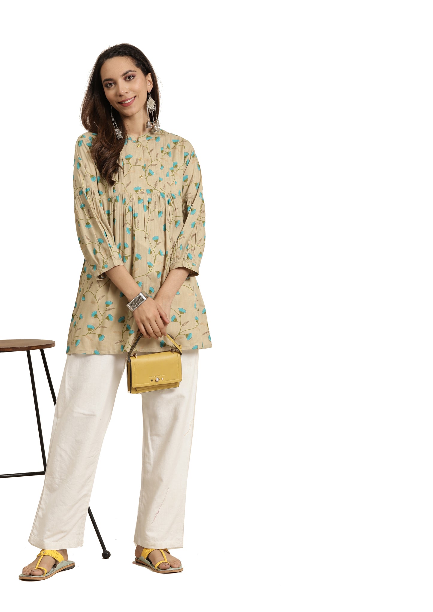 Rayon Floral Printed Short Kurti (Khaki)