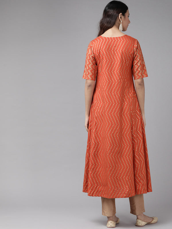 womens rayon zig zag gold print anarkali kurta orange
