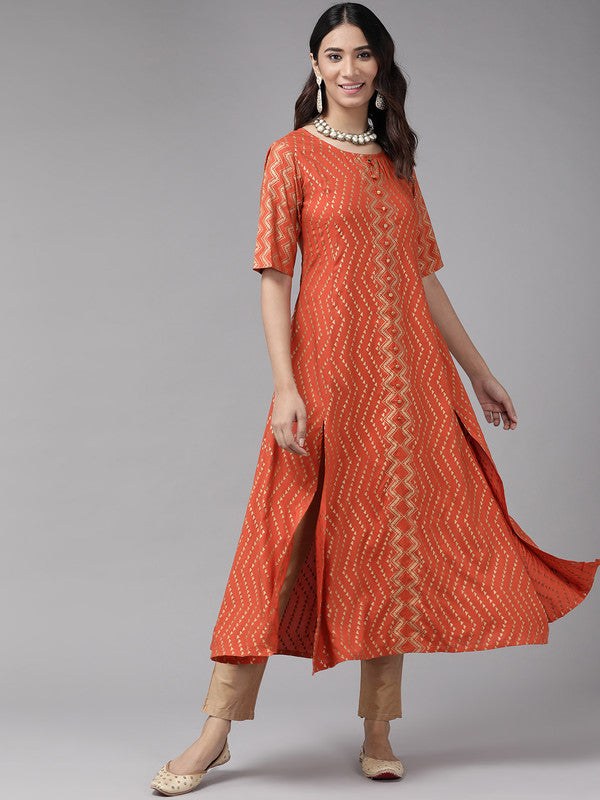 womens rayon zig zag gold print anarkali kurta orange