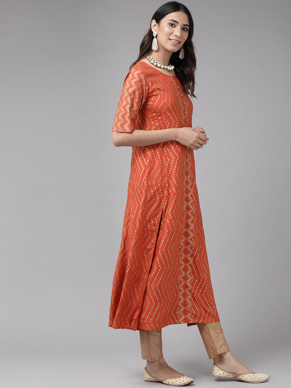 womens rayon zig zag gold print anarkali kurta orange