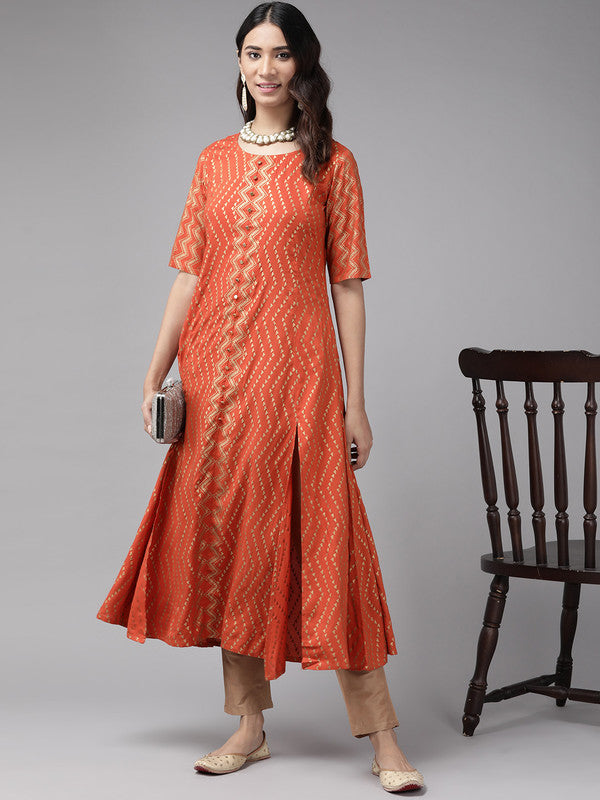 womens rayon zig zag gold print anarkali kurta orange