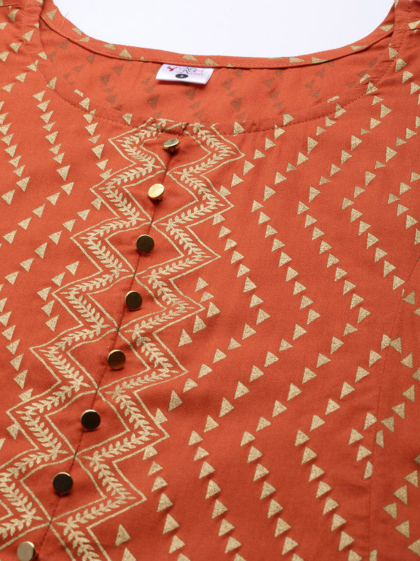 womens rayon zig zag gold print anarkali kurta orange