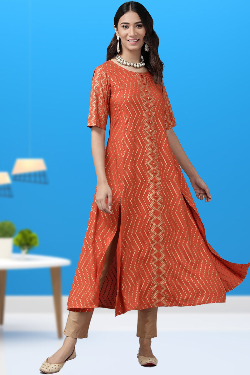 womens rayon zig zag gold print anarkali kurta orange