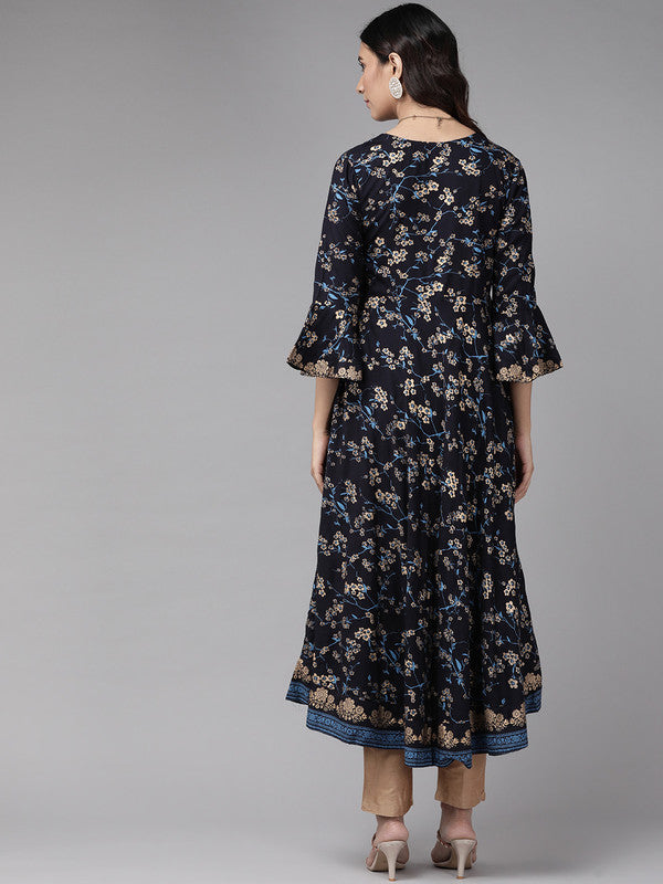Rayon Floral Print Angrakha Kurta (Blue)