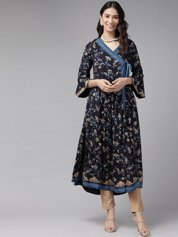 Rayon Floral Print Angrakha Kurta (Blue)