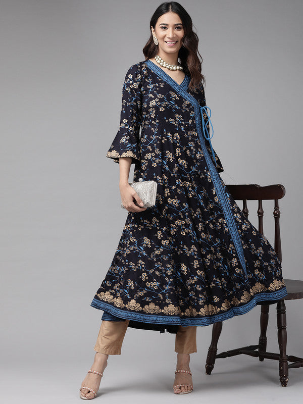 Rayon Floral Print Angrakha Kurta (Blue)