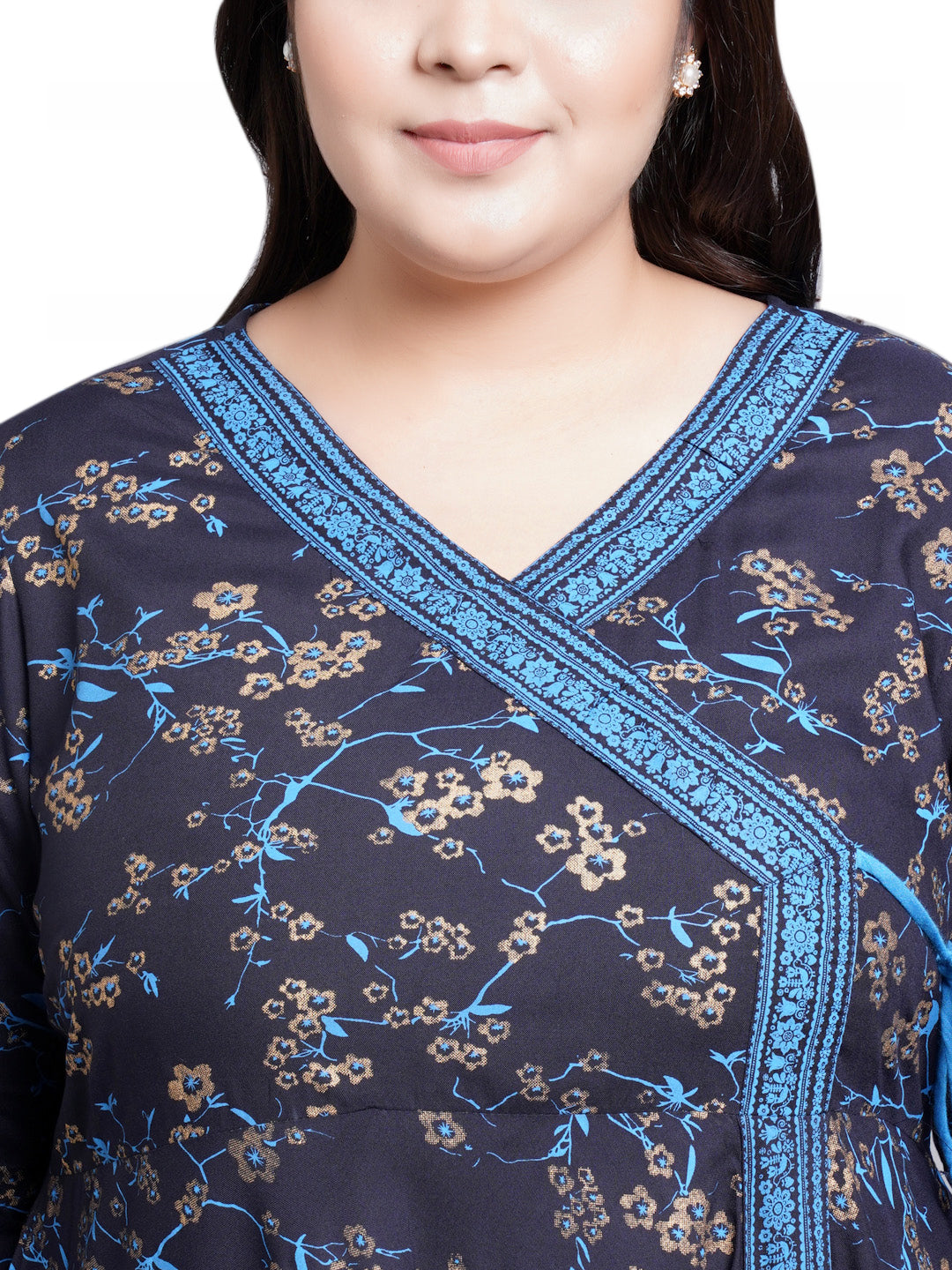 Rayon Floral Print Angrakha Kurta (Blue)