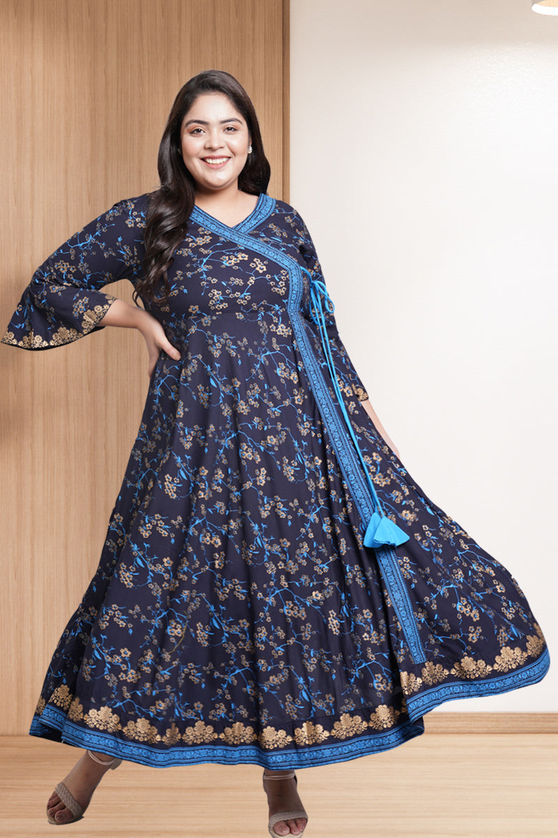 womens rayon floral print angrakha kurta blue