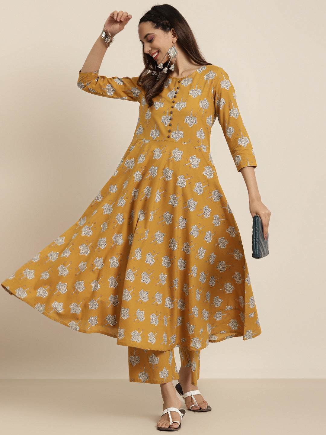women cotton floral printed straight kurta with palazzo mustard