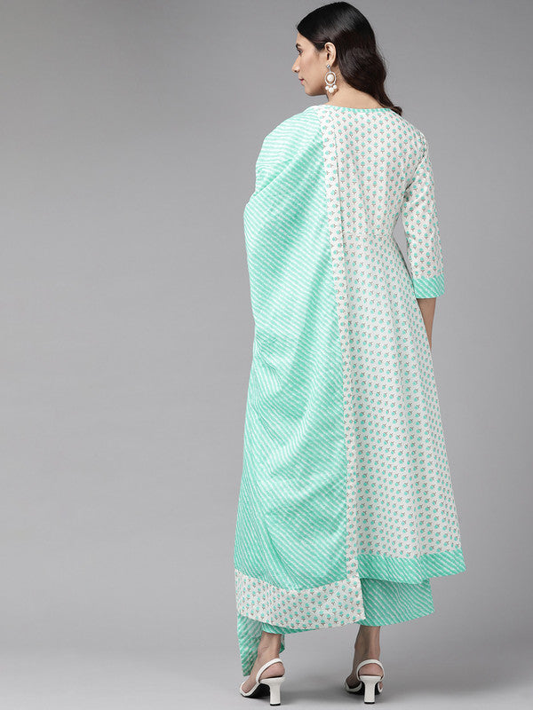 Cotton Floral Printed Anarkali Kurta with Lehriya Printed Palazzo & Dupatta (White)