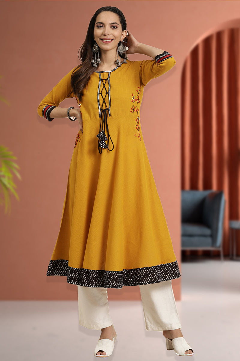 Cotton Slub Embroidered Anarkali Kurta (Yellow)
