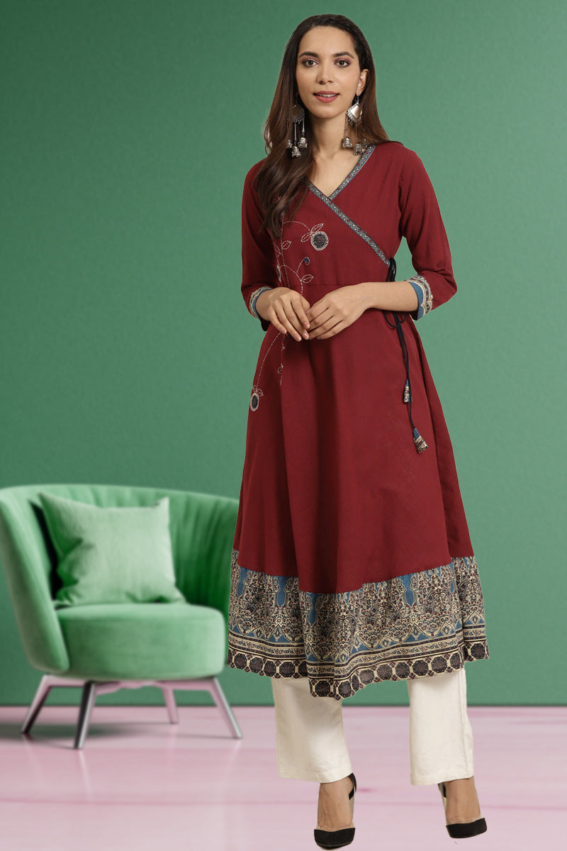 Cotton Blend Kalamkari Print Kaantha Work Anarkali Kurta (Maroon)