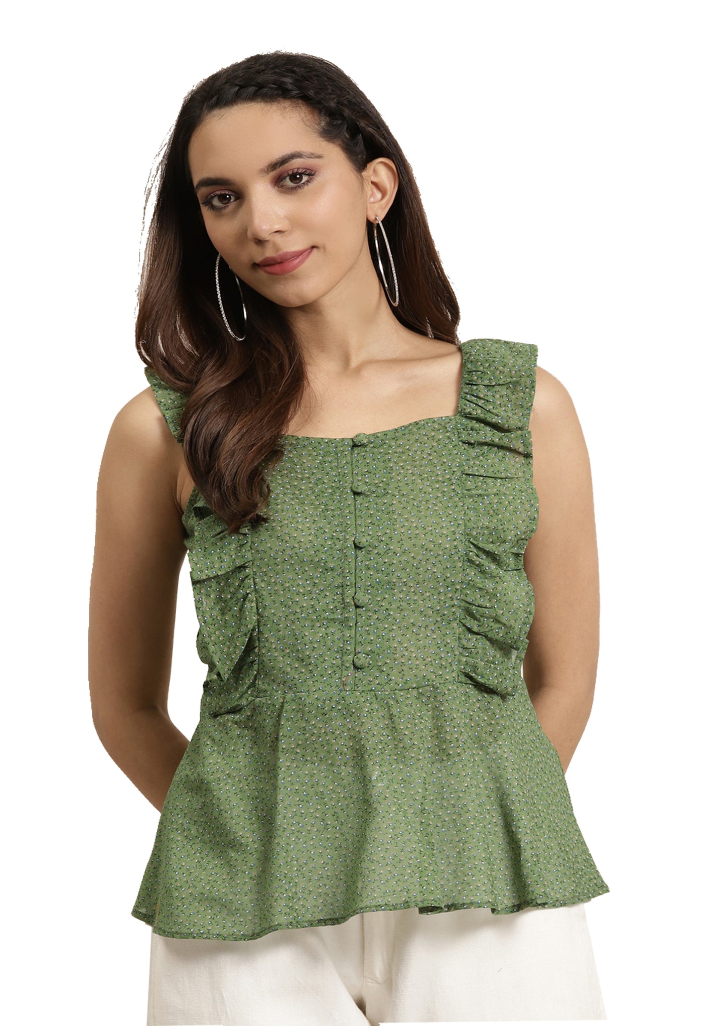 Cotton Floral Printed Flared Top (Green)