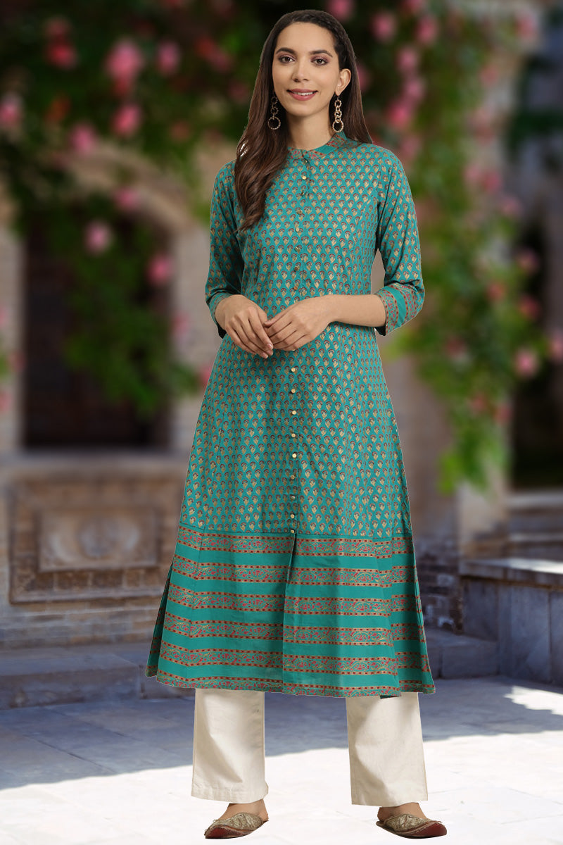 Green Cotton Floral Printed Anarkali Kurta (Green)