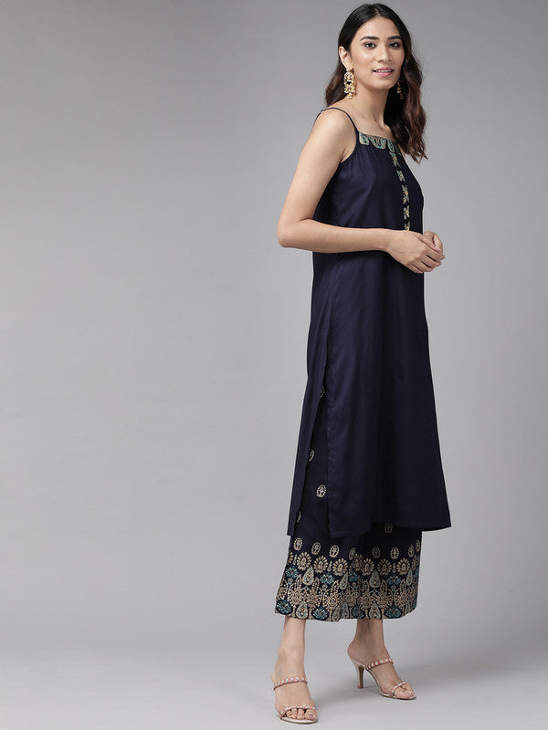 Rayon Straight Kurta with floral Printed Palazzo (Blue)
