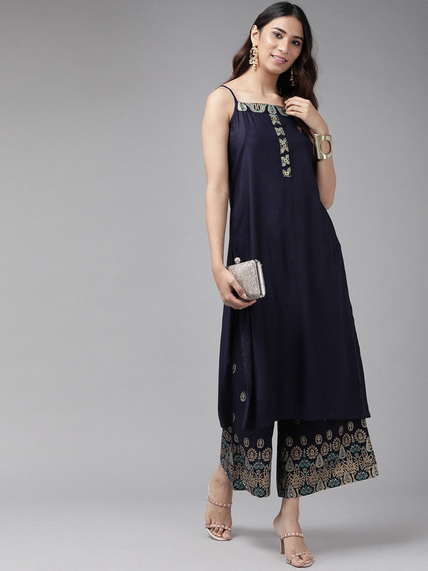 Rayon Straight Kurta with floral Printed Palazzo (Blue)