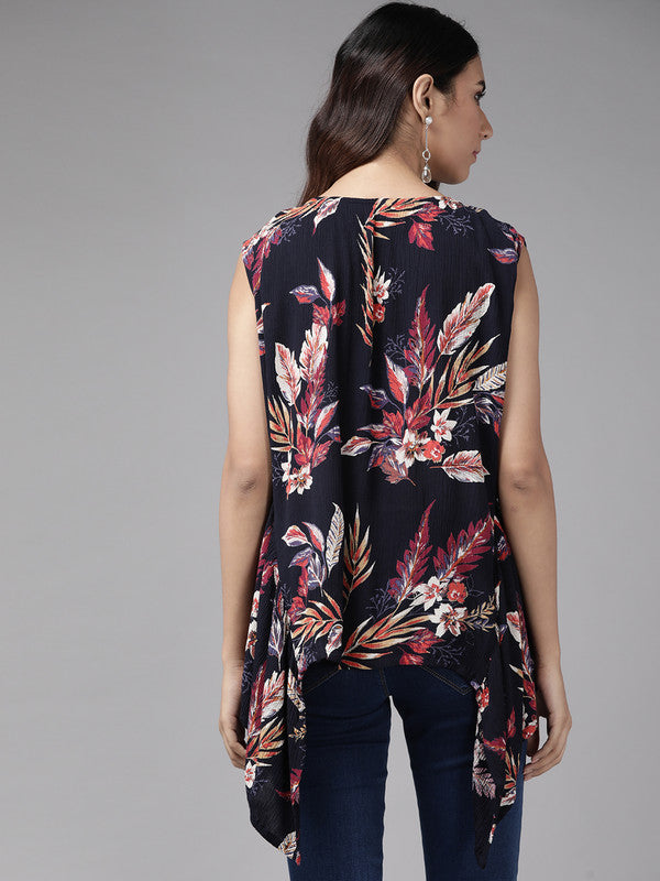 Rayon Crape Tropical printed Regular top (Blue)