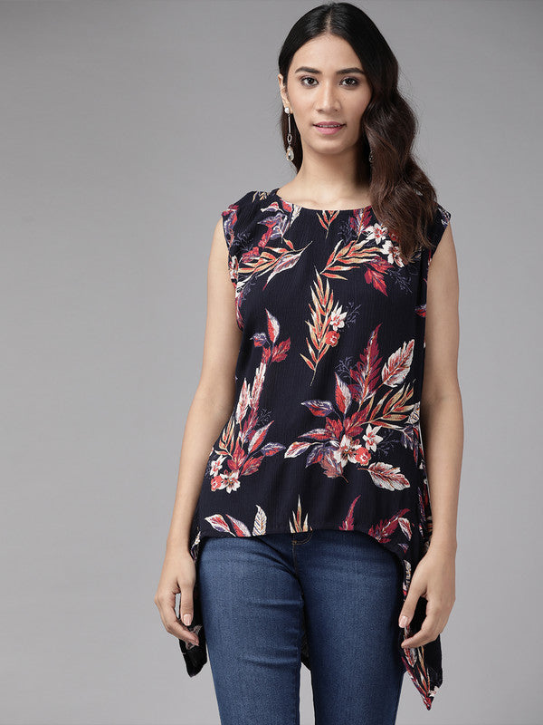Rayon Crape Tropical printed Regular top (Blue)