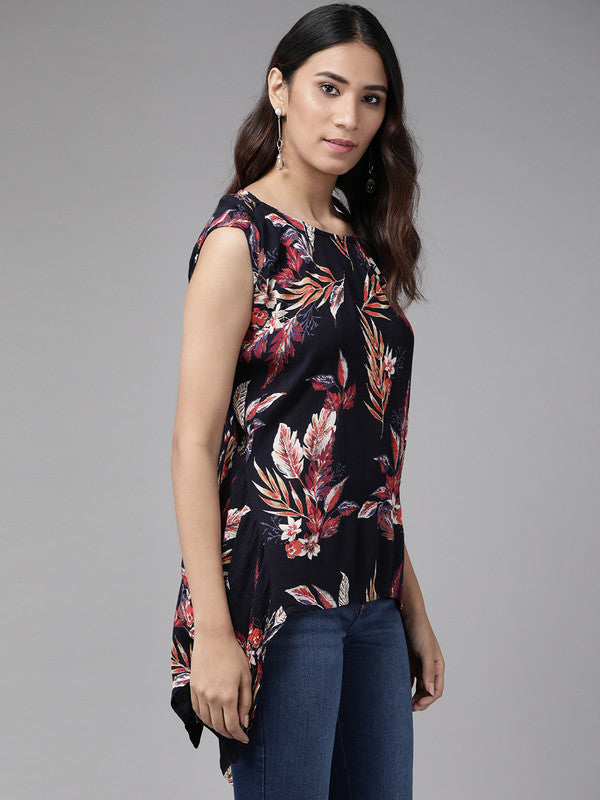 Rayon Crape Tropical printed Regular top (Blue)