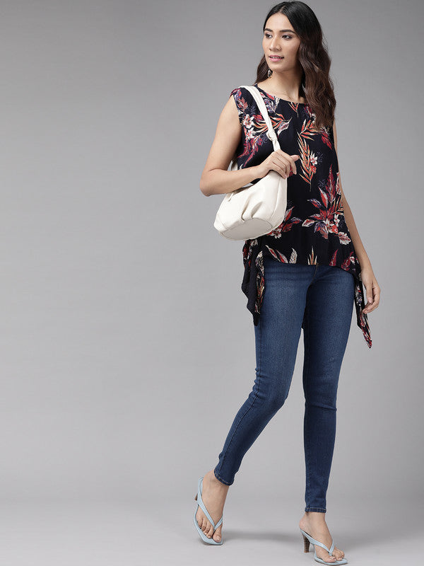 Rayon Crape Tropical printed Regular top (Blue)