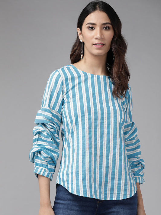 womens cotton stripe printed regular top blue
