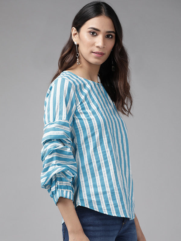 womens cotton stripe printed regular top blue