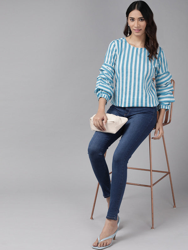 womens cotton stripe printed regular top blue